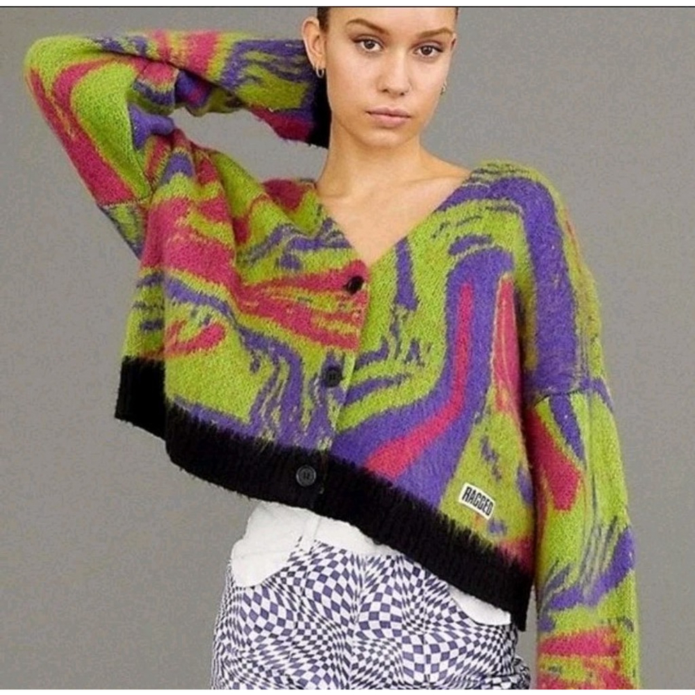 The Ragged Priest Jitters Cropped Oversized Abstract Marble Knit Cardigan Sz XS